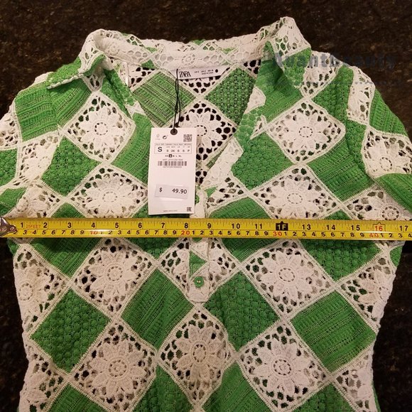 ZARA GREEN CROCHETED TOP SIZE S 2731/291 WHITE SIZE SMALL NWT LONG SLEEVE - Picture 4 of 9